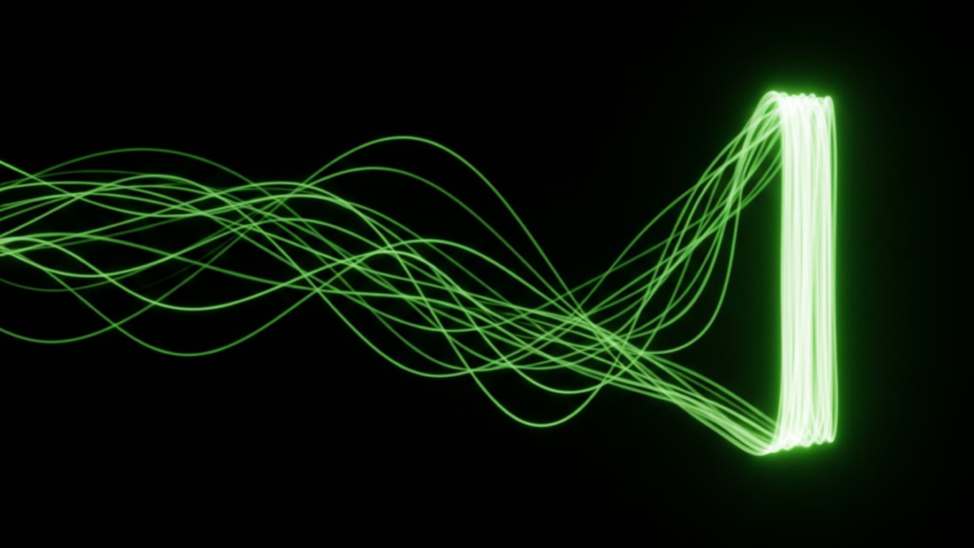 Many green light streams converging into a single bright line