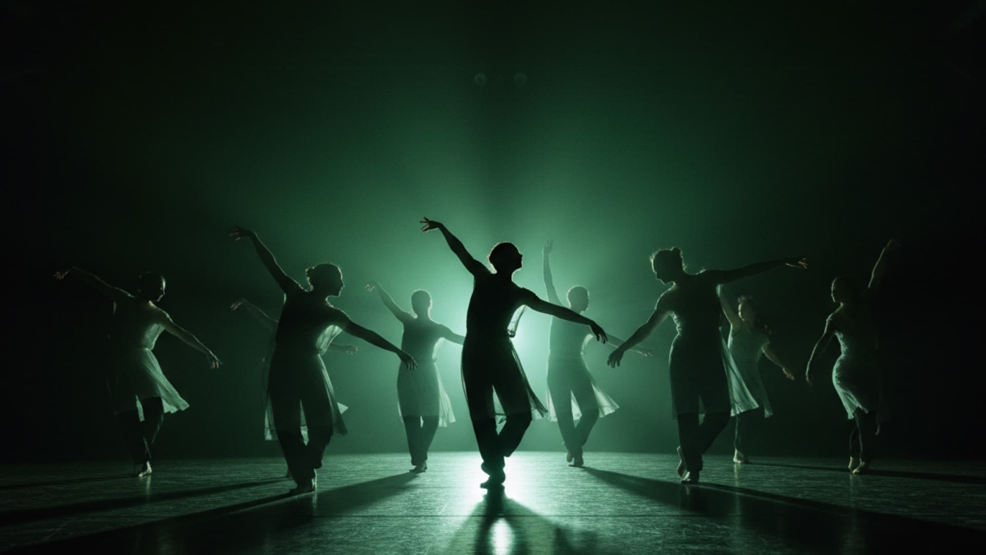 Dancer silhouettes backlit by green light in a studio