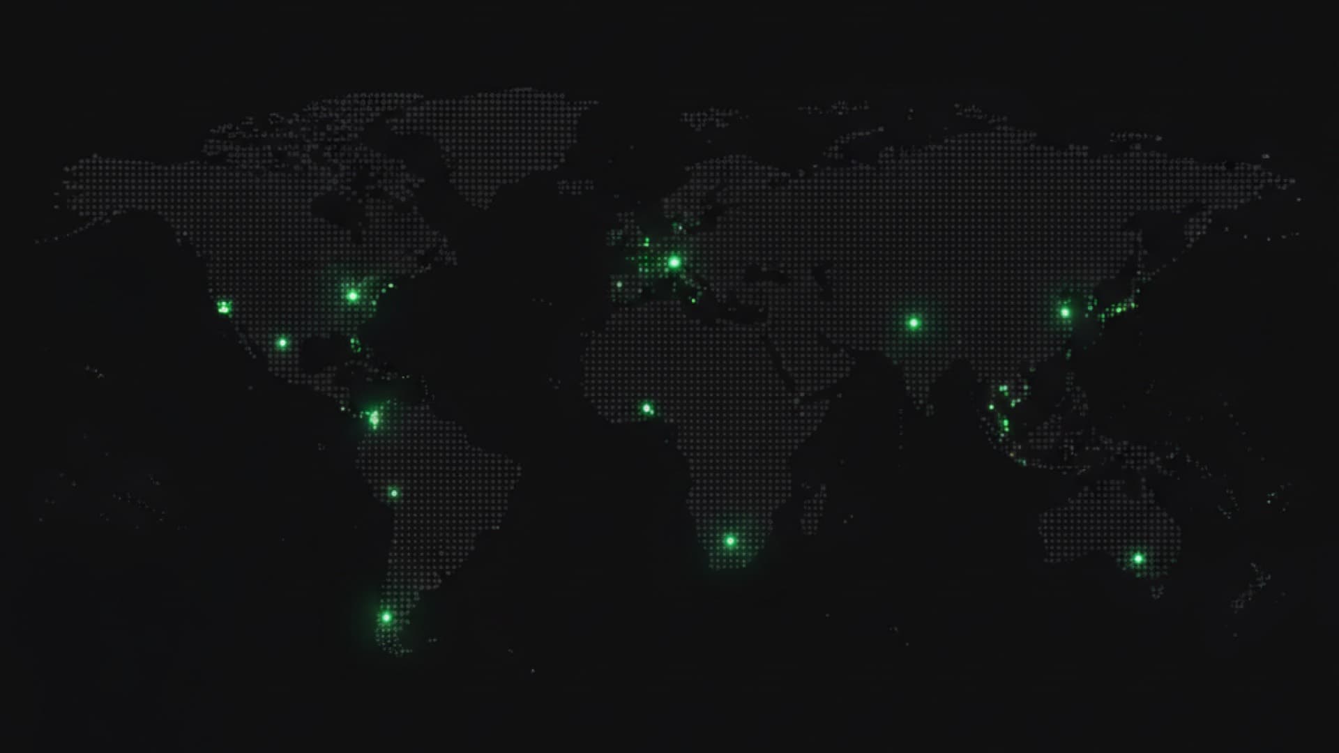 A dotted world map with glowing green points on major cities